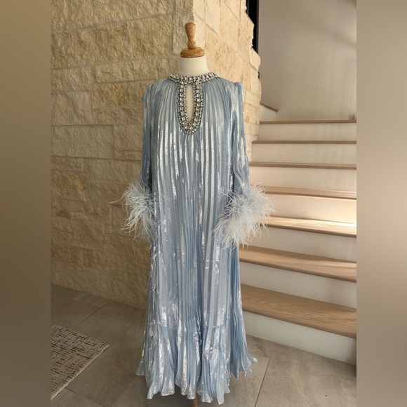 Self Portrait Blue Metallic Chiffon Feather Midi Dress - Picture 9 of 17